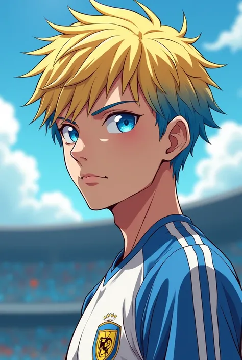 1boy,blonde hair, [(gradient hair from blue to blonde:1.5):0.4], footballar,slant eyes,｛｛long hair｝｝,25 years old,hime cut,diagonal bang,cel anime,blue eyes