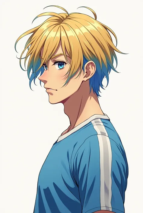 1boy,blonde hair, [(gradient hair from blue to blonde:1.5):0.4], footballar,slant eyes,｛｛long hair｝｝,young men,hime cut,cel anime,blue eyes