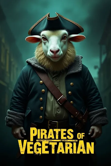 Create a cinematic poster featuring photorealistic portrait of Dressed animals - a ((fat)) sheep pirate, , wearing  pirate costume and  pirate hat , with a serious, intense expression. He should be slightly off-center in the composition. The background sho...