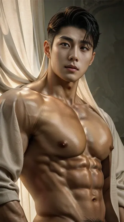 disconsolate，Ambient，artistic conception，large scene，The wind blew up the white curtains，Dattain lamps，Diffuse light，chest muscle，Shirtless, stubbles, Sideburns, musculature, Strong handsome korean  guy，naked body builder, expose his big penis, handsome pe...