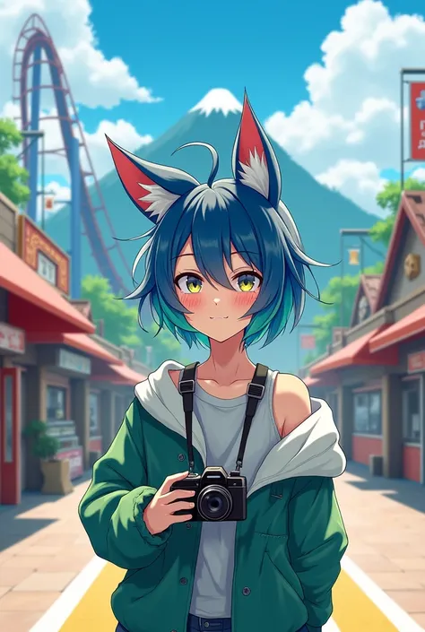 Create an outdoor adult japanese style portrait of a Non-Binary person with short messy hair that is blue on one side and green on the other with shaved sides, wearing cute little fox ears. They are holding a digital video camera. They are dressed in tombo...