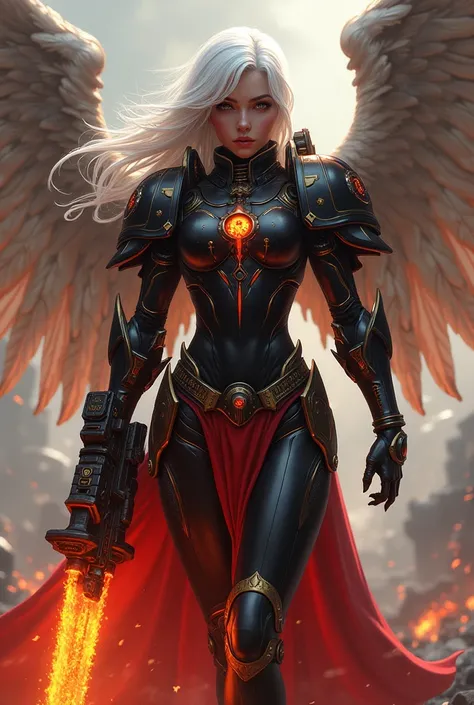 seraphim squad sister of battle, woman, white hair, black and red gradient armor, jetpack in the shape of wings, hand held flamethrower, chainsaw sword