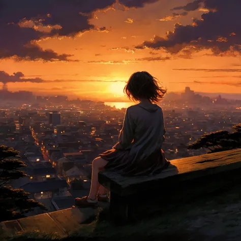 One girl, High resolution, accurate, High detail, Long Hair, tears, evening、top of the hill、Sit on a bench