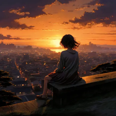 One girl, High resolution, accurate, High detail, Long Hair, tears, evening、top of the hill、Sit on a bench