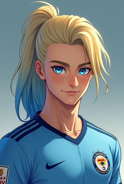 1boy,blonde hair, (gradient hair from blue to blonde:1.5):0.4, footballar,slant eyes,｛｛long hair｝｝,young men,hime cut,blue eyes,forehead,sideburns,long hair tied back