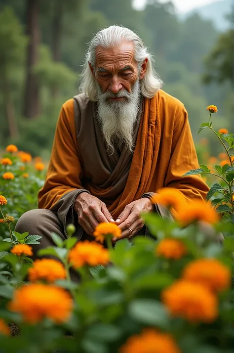 A hyperrealistic depiction of turmeric plants growing in a garden, with a wise, enlightened figure tending to them, surrounded by an aura of health, knowledge, and ancient wisdom