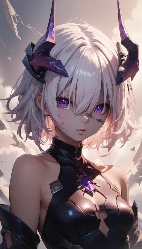 4k portrait,machina,1 boy,muslce,sharp focus,colored skin,grey skin,cracked skin,short hair,white hair,hair over eyes,purple eyes,one eye revealing under hair, portrait,detailed skin,detailed eyes,menacing,headgear,horns,upper body,bare shoulders