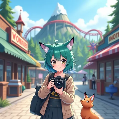 Create an outdoor adult japanese style portrait of a 28 year old Non-Binary person with short messy hair that is blue on one side and green on the other with shaved sides, wearing cute little fox ears. They are holding a digital video camera. They are dres...