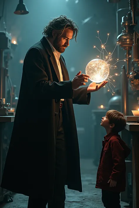 A scientist Person who wearing long black coat with white shirt, random hair,
 holding a glass ball from where a electricity sparkle from it, near a kid boy
