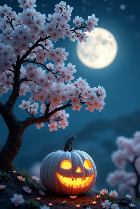 Intricately carved white pumpkin of cherry blossom trees, Jack-o-Lantern in the moonlight, large moon in the starry night sky. Photography taken by canon eos r5, intricate, highly detailed, fantasy, perfect white balance, action shot, glow, sunlight, uhd e...