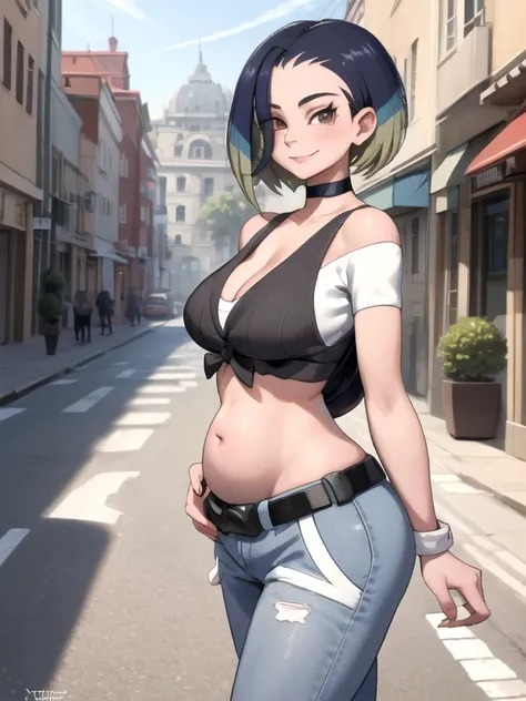 (masterpiece, best quality:1.2), highres, solo, 1 pregnant girl, perrin, smile, looking at viewer, walking, crop top, pants, choker, belt, midriff, city street, cowboy shot, large breasts, cleavage, large ass, third trimester of pregnancy, skindentation