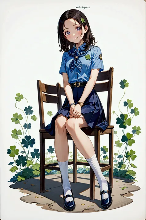 realistic anime illustration of pretty young woman, she is smiling and sitting on chair, she has black long hair (+forehead), wearing pastel-blue short sleeves collared shirt, navy-blue neckerchief with white outline clover leaves pattern, navy-blue pleate...