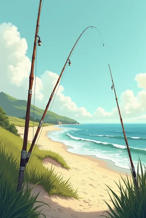 Landscape of a beach with fishing rods in a painting style