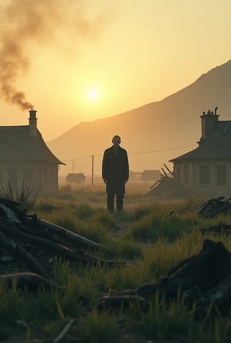 
Grassland and dawn, burnt village, man
