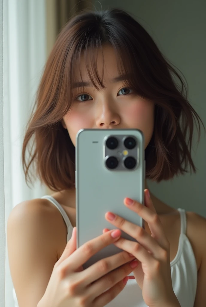 japanese girl with brown hair taking a selfie in the mirror with a galaxy s24 ultra phone