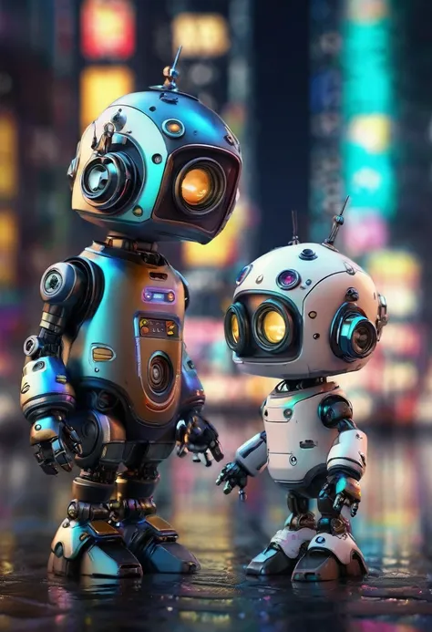 a highly detailed, masterpiece, night scene, two cute and comical robots conversing, small and adorable robots, blurred futurist...