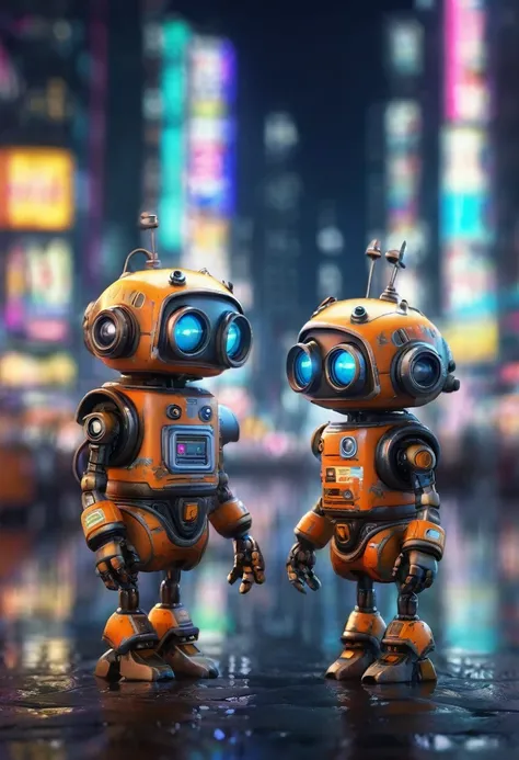 a highly detailed, masterpiece, night scene, two cute and comical robots conversing, small and adorable robots, blurred futurist...