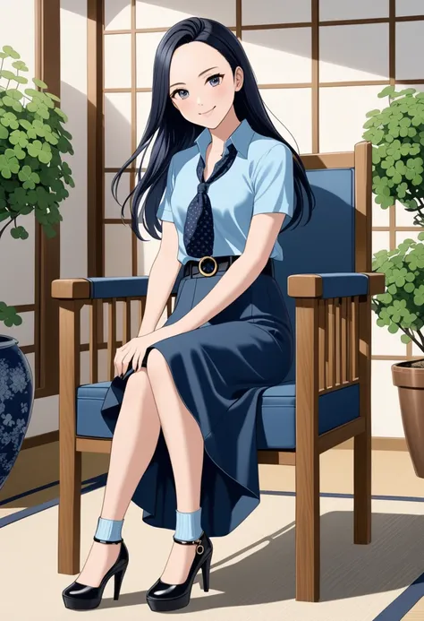 realistic anime illustration of pretty young woman, she is smiling and sitting on chair, she has black long hair (+forehead), wearing pastel-blue short sleeves collared shirt, navy-blue neckerchief with white outline clover leaves pattern, navy-blue pleate...