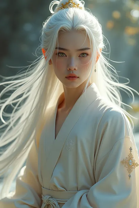 Về 1 chàng trai trẻ trung, beautiful, pjong ancient style, have long white hair, long eyelashes dancing