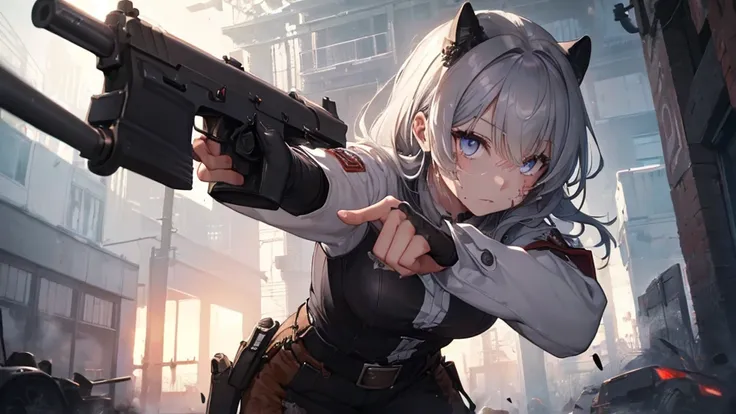 0. Action：Gun Action,Gun sights, ①Quality：(Very detailed:1.3), masterpiece, 8k, Very detailedCG, (1 girl), Perfect hands:1.2), (Perfect Anatomy:1.2), (Beautiful Face: 1.1), Intricate iris detail,Beautiful woman、Handgun、Same line of sight as the gun barrel、...