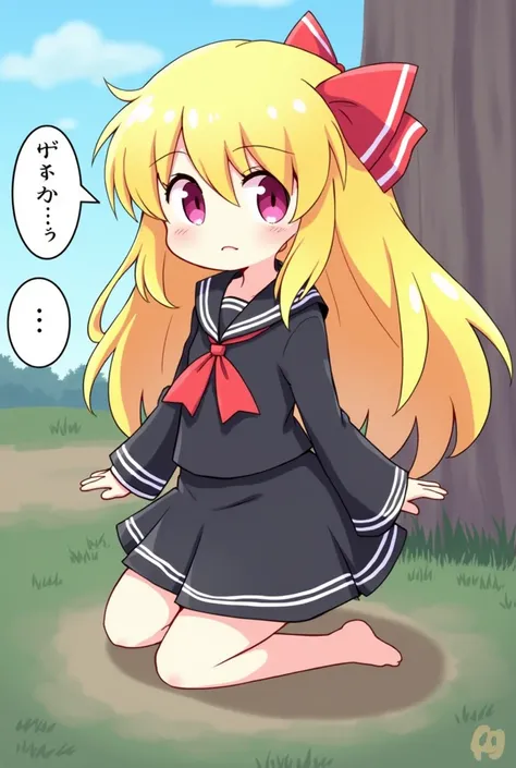 Touhou Project Rumia is cute　Yellow Hair　Only one, a red ribbon on one side of her hair, something like a black sailor suit, no hat