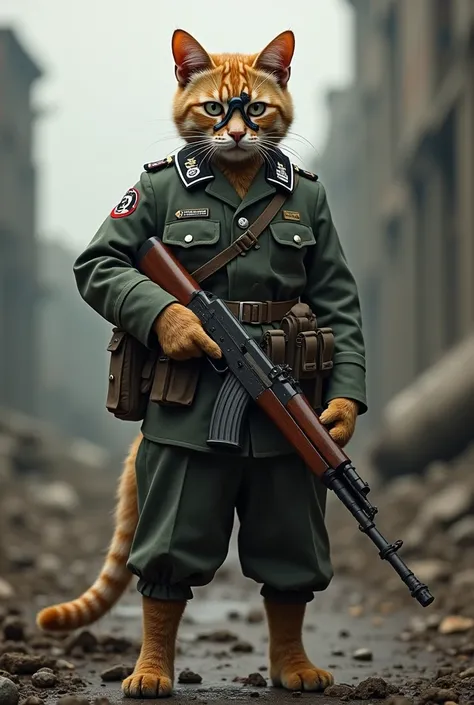 Create a cat that walks on two legs and wears a German uniform from World War II and carries an MP40 as a weapon