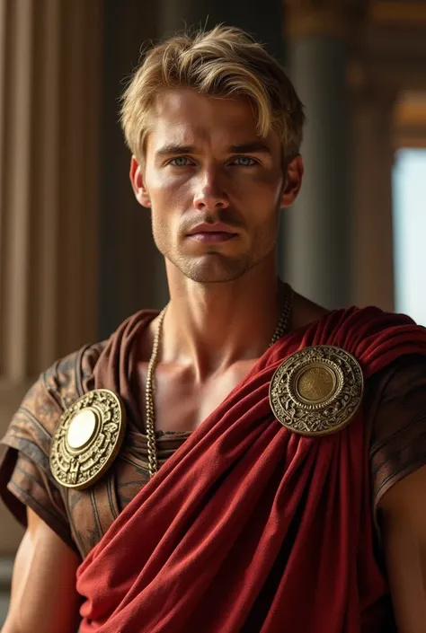 31 years old. man, Roman Emperor, blond hair, blue eyes, Smooth skin, sculpted muscles, languid eyes, Filmed from above