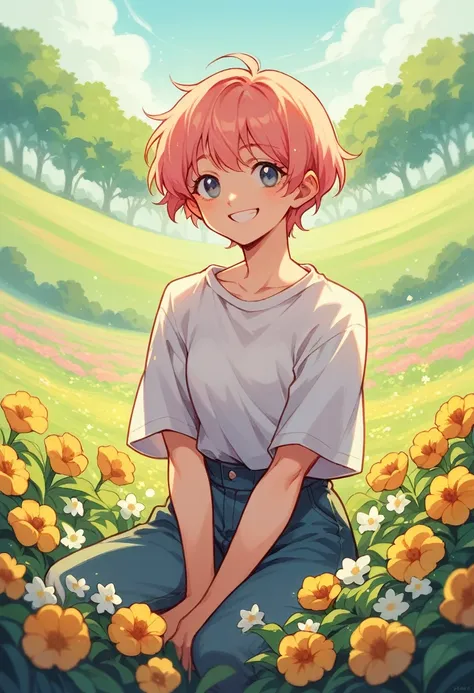 anime girl in the anime style of the 80s sitting in a field of flowers and looking at the camera, smiling. pastel-colored