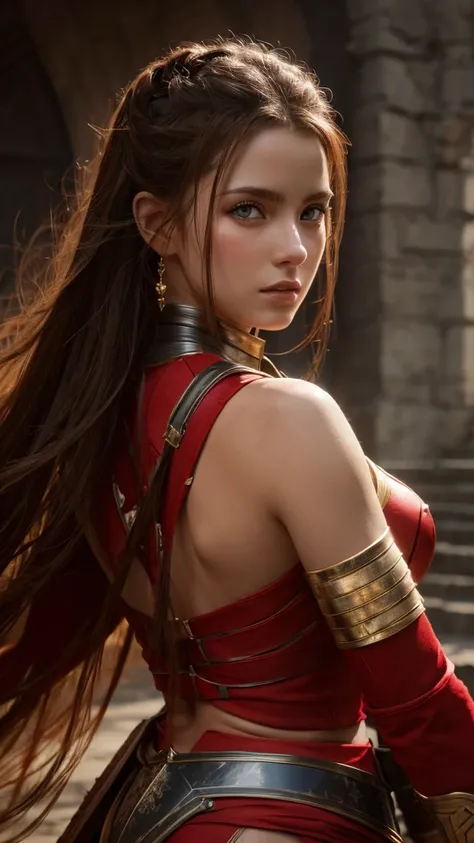 Highest quality realistic photos, Skin Texture, Beautiful female warrior in red, Leaving for battle