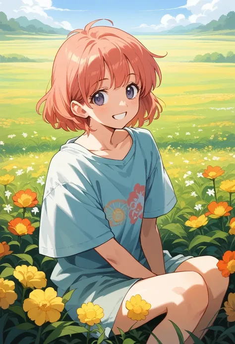 Anime girl in the anime style of the 80s sitting in a field of flowers and looking at the camera, smiling. pastel-colored
