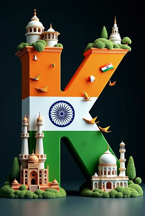 Create a detailed prompt for this image:

"Generate a 3D rendering of the letter K that represents India. The letter is designed with elements from famous Indian landmarks, both modern and historical, such as skyscrapers, temples, and domes. The K is decor...