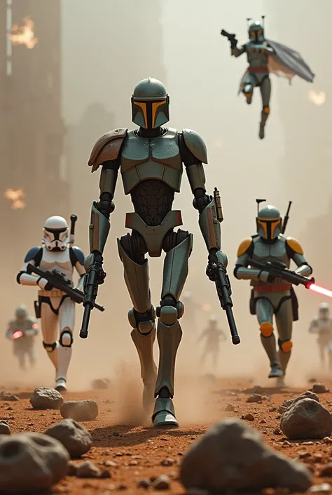 On the battlefield among the remains of battle droids from Star Wars, a battle droid is walking, in both hands he has a light blaster, behind him runs General Grievous and Star Wars, towards them runs a Clone stormtrooper and Star Wars, in his hands he has...