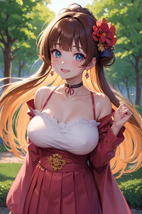 A beautiful girl in a pink dress standing in front of a wooden house, anime girl, house in the middle of the forest, short kimono dress, pink flowered dress, bare shoulders, choker with earring, big round breasts, lace stockings, looking at the sunset, bro...