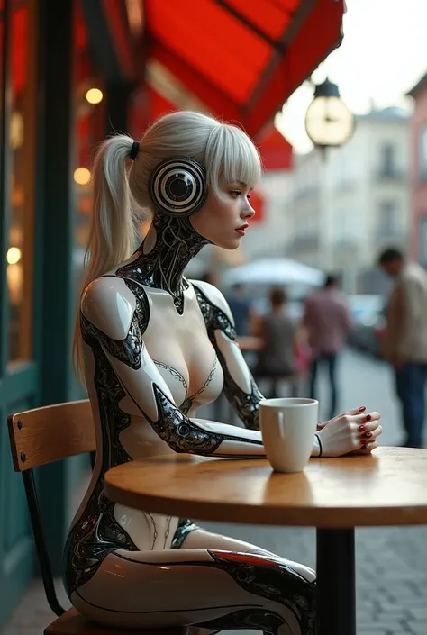 A cyborg girl sits at a table in a street cafe, Best quality, high quality, absurdity, happiness, masterpiece, Beautiful, complex parts, 1/2 body trimmings, slender body, Beautiful figure, Magnificent Anatomy, (complex parts:1.12), HDR, (complex parts, hyp...