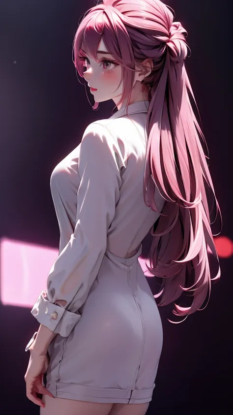 1 Girl, medium pink hair, light white eyes, wearing Black Suit 4D , night club TOWN 18+, high res, ultrasharp, 8K, masterpiece, looking from behind