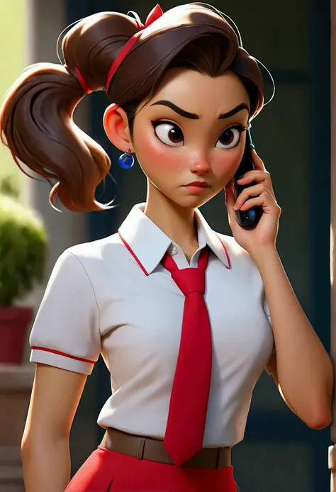 Asian woman, pony tail, blue polo, white shirt inner, red tie, short skirt , holding phone 
