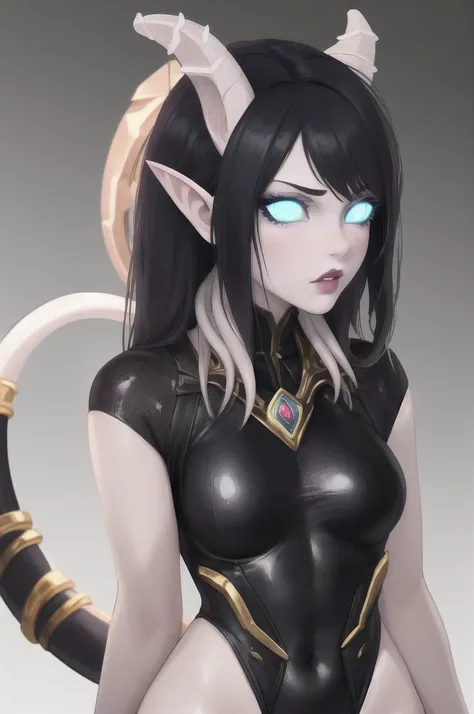 masterpiece, best quality, 1girl, solo, draenei, glowing eyes, colored sclera, tail ornament, hooves, white skin, blue eyes, bla...