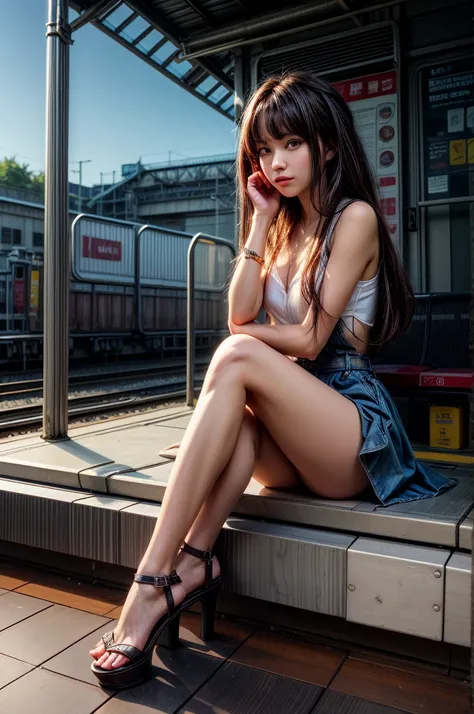 (araffe woman sitting on a bench at a train station with her legs crossed, a photorealistic painting by yuumei, pixiv, graffiti,...