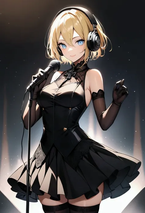 slender, mature female,1girl, microphone, rating:safe, solo, thighhighs, gloves, blonde_hair, black_gloves, skirt, black_legwear, short_hair, cowboy_shot, sleeveless, smile, looking_at_viewer, blue_eyes, headphones, bare_shoulders, standing, holding, zetta...