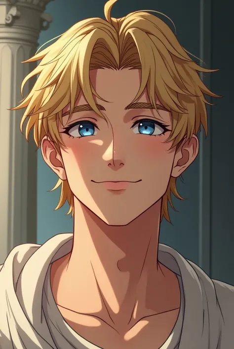 27 years old. man, Roman, blond hair, blue eyes, White, smooth skin, languid eyes, bust, realistic anime, A lazy smiling expression