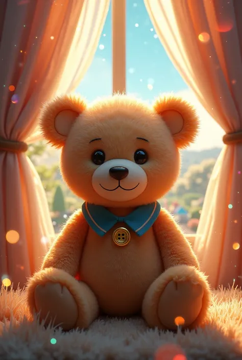 A button like a school uniform button was attached to a string around the neck of a medium-sized teddy bear.、A fantastical landscape sparkling with light peeking through the window curtains