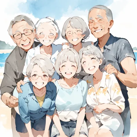 Top quality, masterpiece, high resolution, watercolor style, 80-year-old grandma, smiling surrounded by family, summer vacation