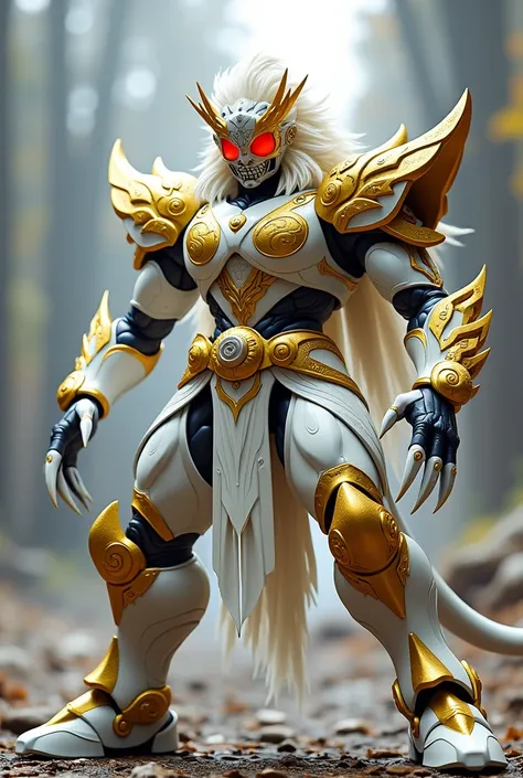 White base with gold decorations, long and sharp claws, lion-like appearance, Kamen Rider, hands forward, legs open pose