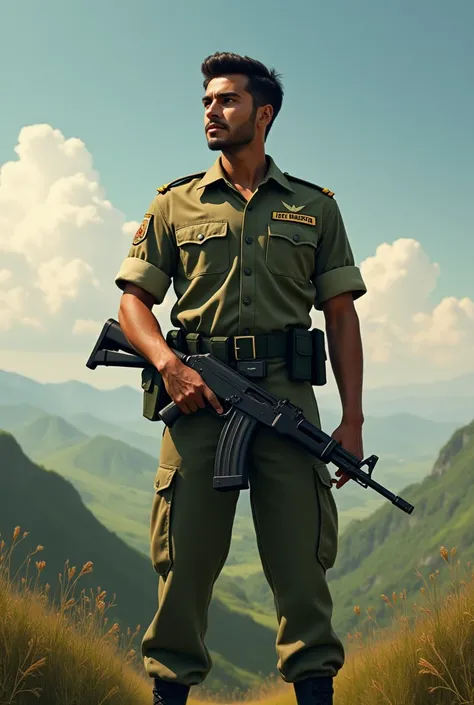 A handsome young soldier standing on the top of the hill with his ak47 and "jatin maurya " is written on his badge at the right side of his uniform.