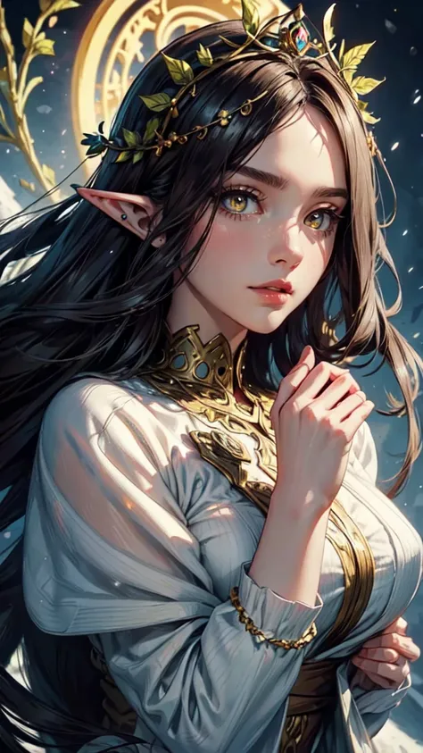 detailed face, detailed eyes, detailed hands, elf woman, full body,,hyper-realistic of a mysterious woman with flowing dark hair, piercing yellow eyes, and a delicate floral crown, upper body, snown background, winter