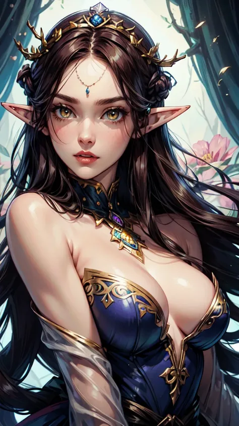 detailed face, detailed eyes, detailed hands, elf woman, full body,,hyper-realistic of a mysterious woman with flowing dark hair, piercing yellow eyes, and a delicate floral crown, upper body, snown background, winter