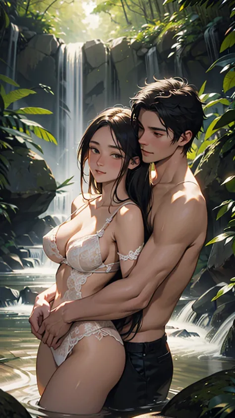 A sensuously entwined couple bathes under a cascading waterfall within a lush forest clearing. The woman, adorned in delicate white lace lingerie, possesses voluptuous hips that curve elegantly against the natural backdrop. The setting sun casts a warm gol...