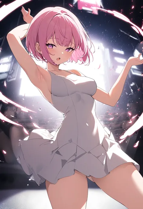 (adult girl, assertive, badass, sexy, seductive, erotic, confident, bossy:1.3), (pink hair, cut hair, pink eyes, half closed eyes, half open mouth:1.3), (athletic body, pumped up legs, medium breasts:1.3), (hands raised up, hands behind head, armpits:1.3),...