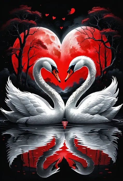 midjourney, mj, midjourney style, poster, manga, anime, a captivating cinematic illustration of two swans entwined as a heart sh...