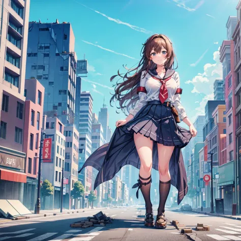 ((A gigantic high school girl taller than a skyscraper)) ((A gigantic girl walking in the valley of a destroyed city)) ((One girl)) Solo
Sailor uniform, navy skirt, tie, white socks, watch, black hair, smile, woman, giant, girl, whole body, cleavage, earri...